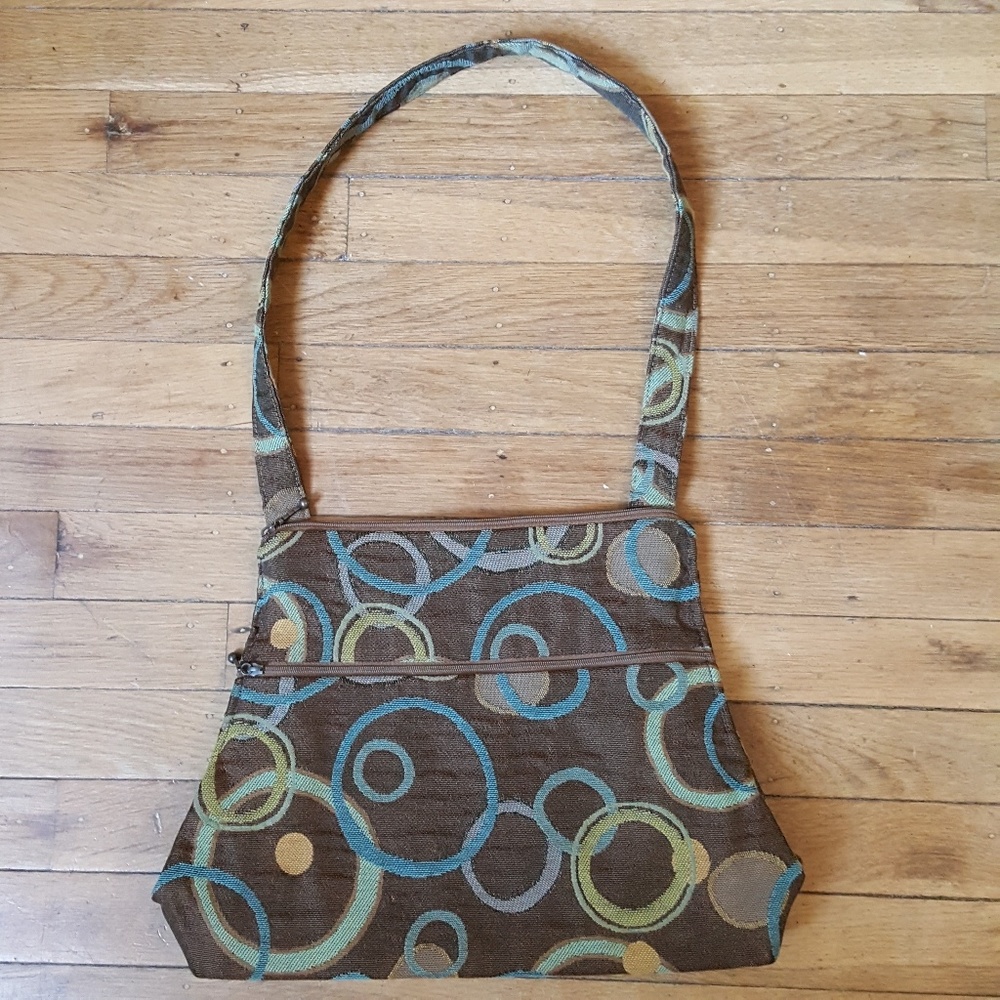 Women's Brown Shoulder Bag with Blue & Green Circle Print